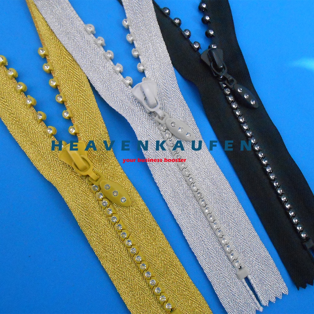 Resleting Zipper Ritsleting 15 cm Variasi Hias Permata Imitasi Single Untuk Busana Wanita