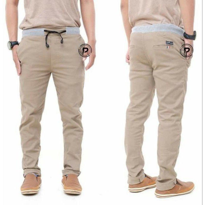 Celana Chinos Panjang Pria Pinggang Karet Kolor Rip Size 27-38 Katun American Drill  Berkualitas