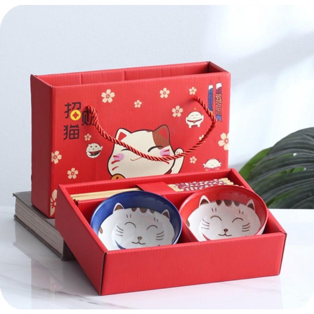 Fortune Cat Bowls & Chopsticks MCHC001 | Gift Set Hamper
