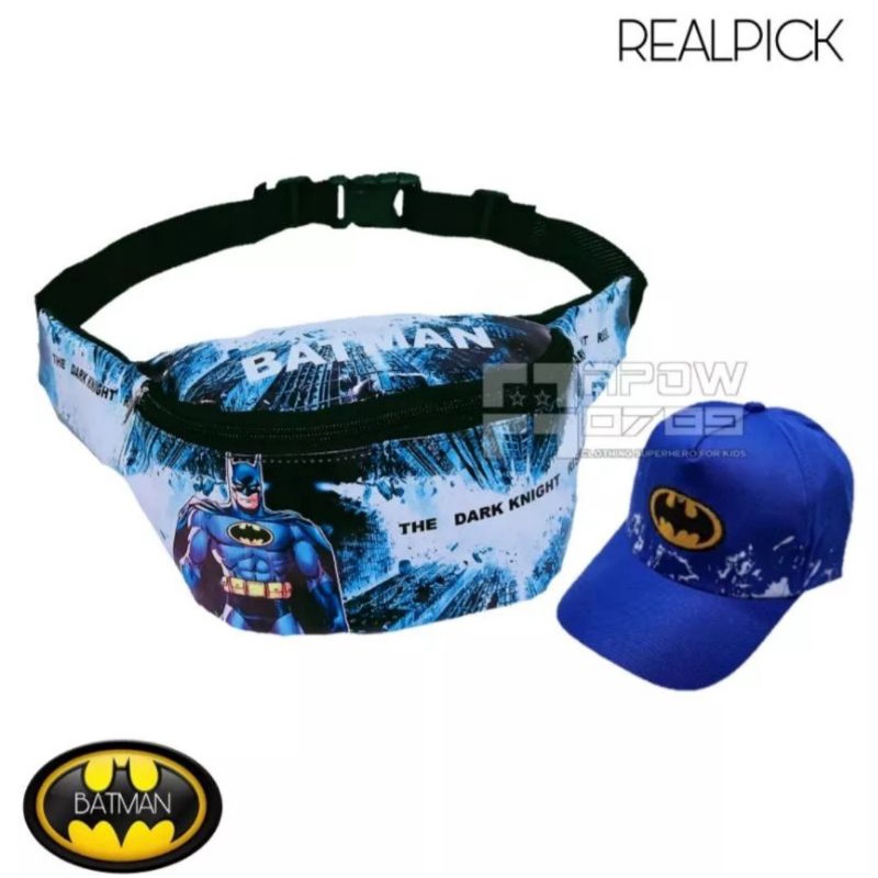 PAKET 2IN1 WAISTBAG DAN TOPI ANAK KARAKTER BATMAN TAS SELEMPANG ANAK LAKI LAKI