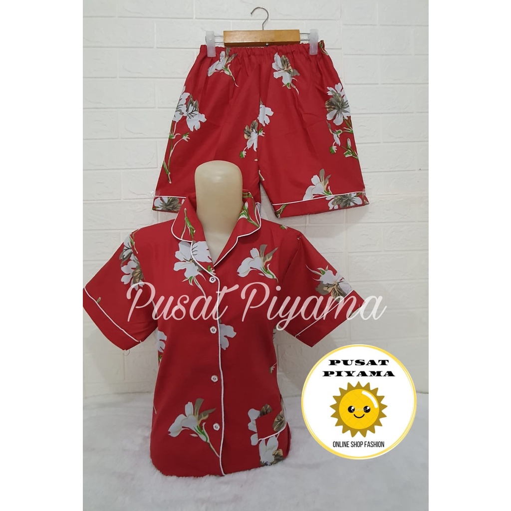 BAJU TIDUR MOTIF COCO DAUN TANGAN PENDEK CELANA PENDEK HP / PIYAMA MOTIF COCO DAUN-Melinda Maroon