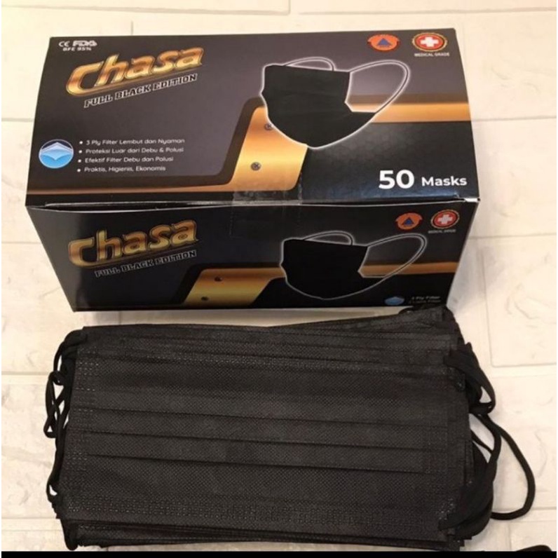 Masker Hitam Chasa 3 ply isi 50 Pcs