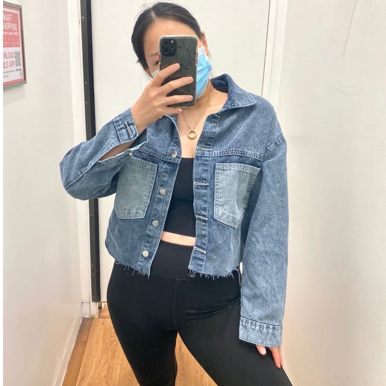 HOPYLOVY Jaket Jeans Wanita Crop Oversize Unfinished Kantong Depan Meirani