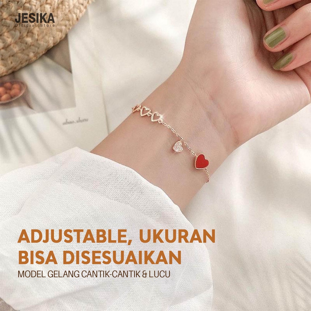 Gelang love bunga lucu fashion wanita warna emas liontin mata permata merah putih bahan rantai serut alloy adjustable ukuran bisa disesuaikan