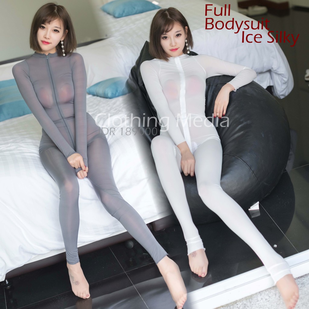 Full Bodysuit Ice Silky Halus Lembut Body Stoking Resleting Zipper Catsuit Semi Transparan