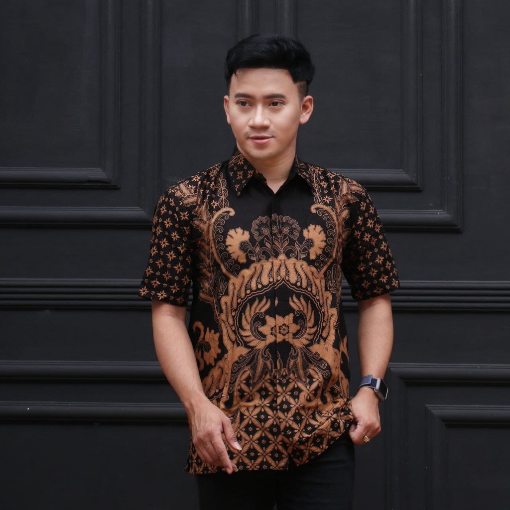 Terlaris Batik HRB026 Kenongo Hem Kemeja Batik Pria Lengan Pendek  Katun Primis Halus M L XL