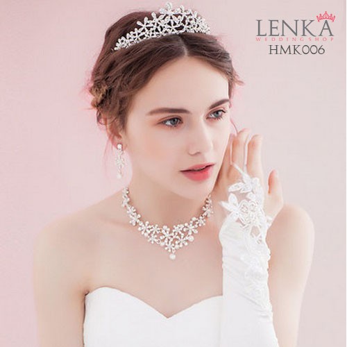 Paket Mahkota Kalung Anting Pengantin Aksesoris Wedding Modern Lenka - HMK006