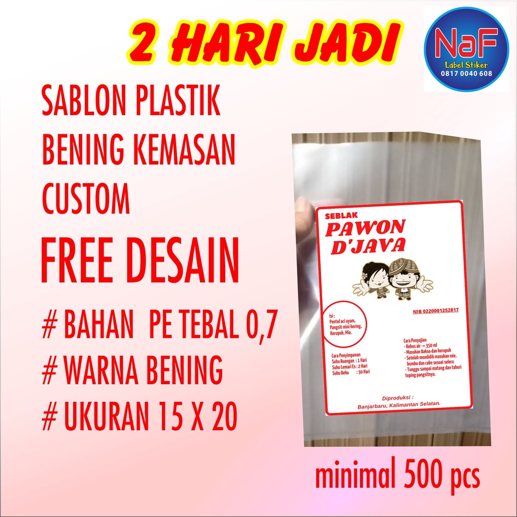 plastik kemasan PE 0,7 bening ukuran 15x20 sablon