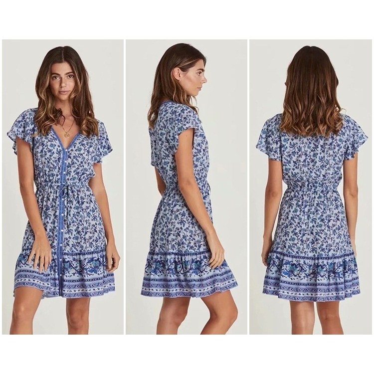 [baju wanita korea]  Vintage Mini Dress Pantai Santai Bunga Wanita Korea Import