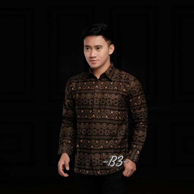 Batik Pria Lengan Panjang WIJOYO BATIK HRB026 motif KERATONAN Kode 002 Reguler Fit Seragam Kantor-Semut Brown