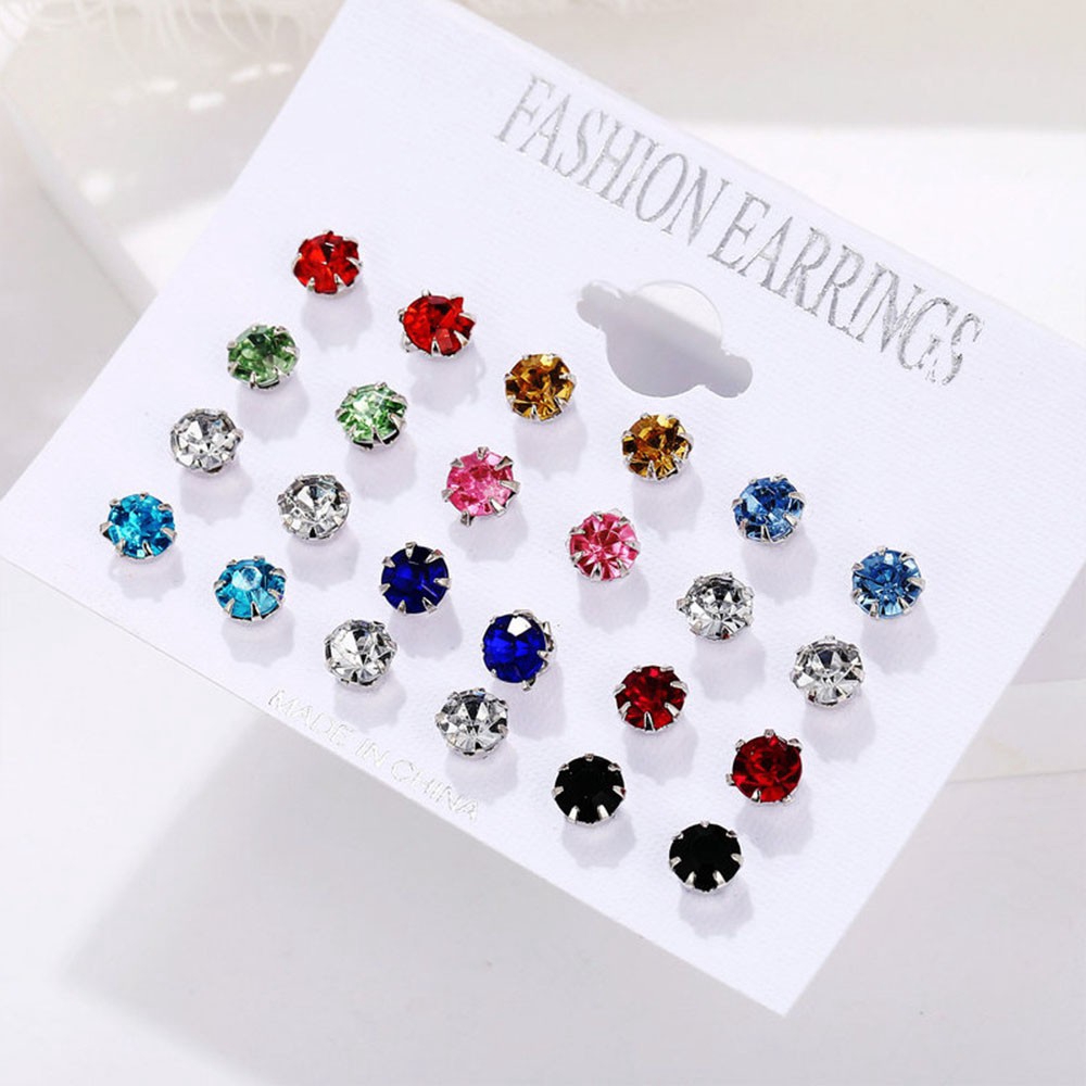 12 Pasang / Set Anting Tusuk Bentuk Bulat Geometris Aksen Kristal Warna-Warni Untuk Wanita