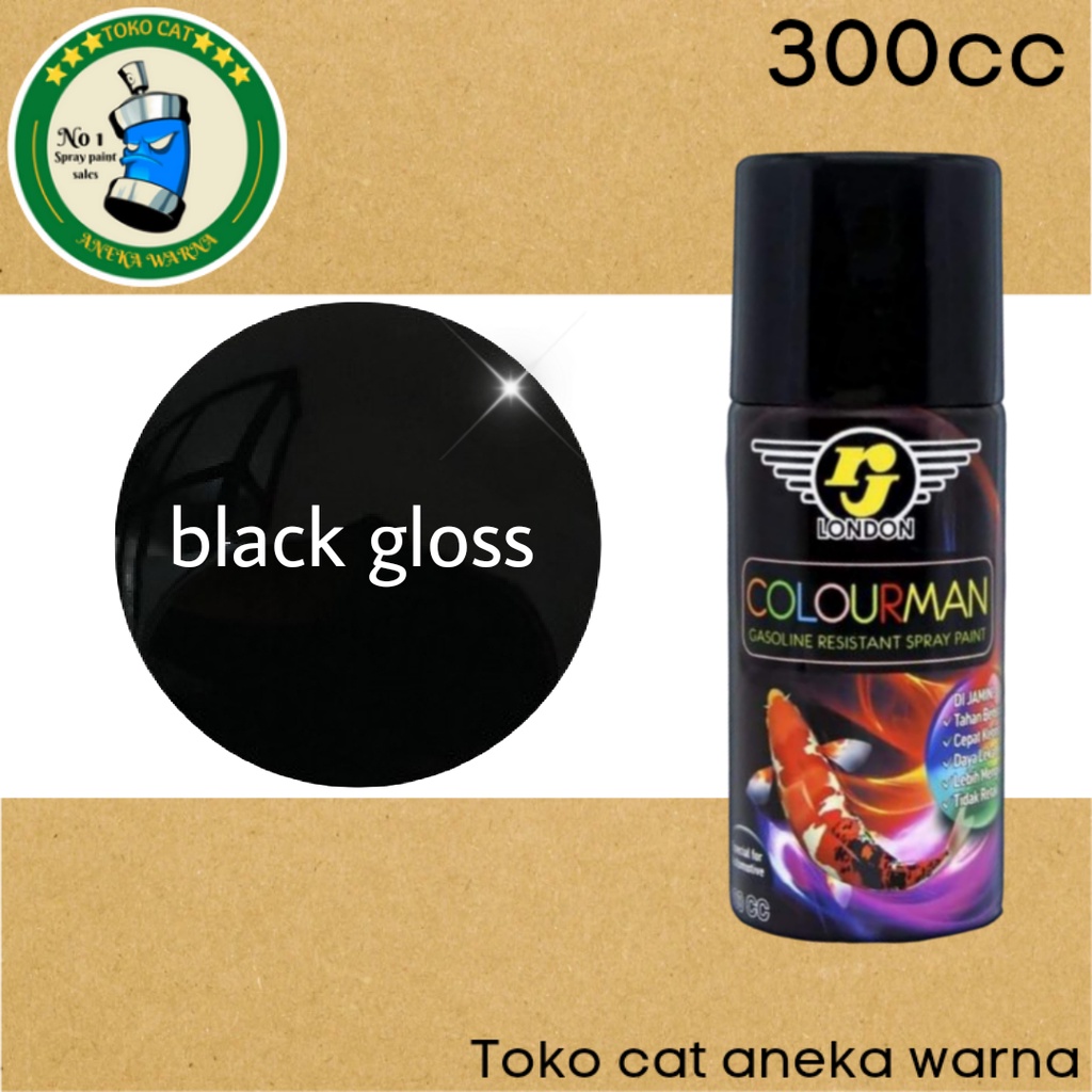 cat semprot 300cc colourman hitam mengkilap black gloss glossy tahan bensin rj london spray paint pilok pilox