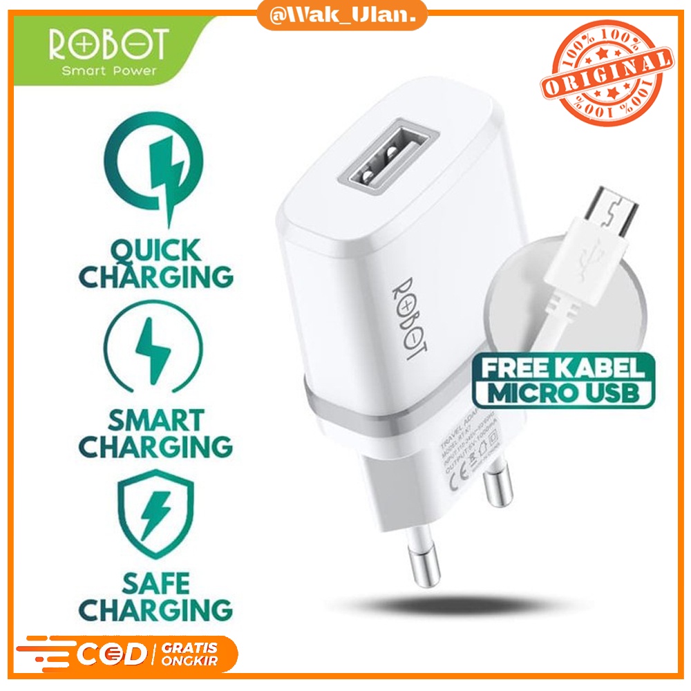 ROBOT RT-K7 K7ADAPTOR CAS CASAN 5V 1A FIREPROOF CHARGER Micro USB Cable Kabel