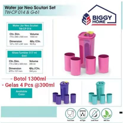 Botol Air Minum Kulkas/Water Jar Neo Scutari Set 1300 ML + 4 Gelas Murah