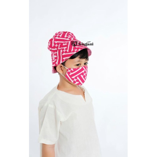 Set Topi Bucket + Masker Batik, Motif Bolak-Balik (Embos Polos),size Anak, usia 3-8th