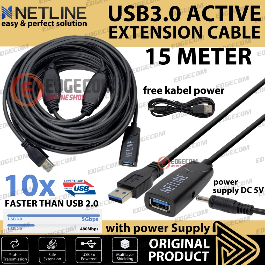 NETLINE Kabel USB 3.0 Extension Aktif / Extender Active 15 Meter With USB Power