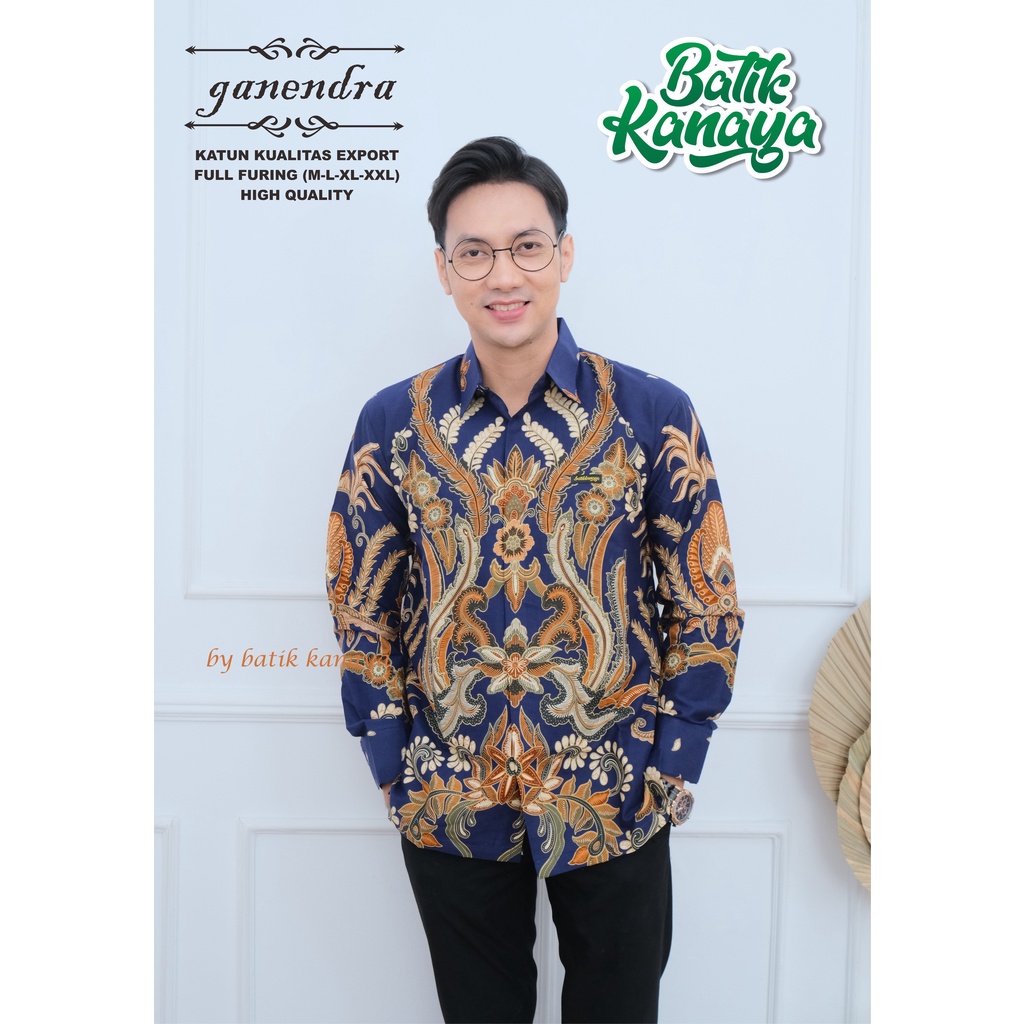 Kanaya - Kemeja Batik Pria Lengan Panjang Full Furing Bahan Katun Kualitas Ekspor Ganendra Warna Dasar Navy Dongker