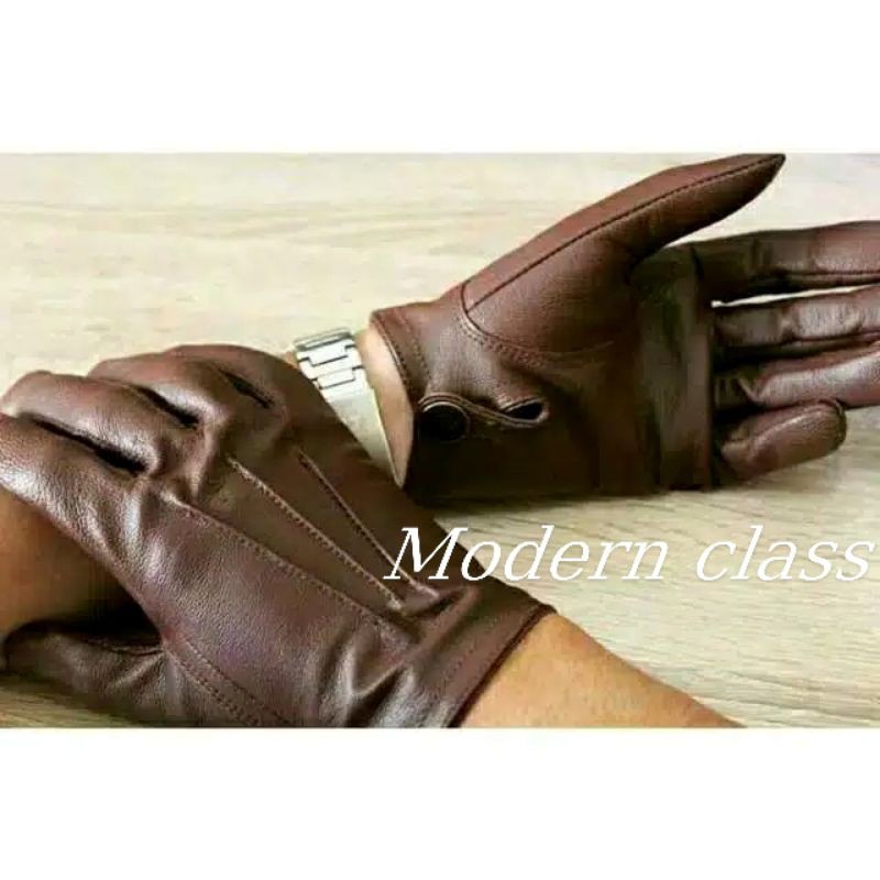 sarung tangan kulit domba asli glove semi panjang langsung knop coklat