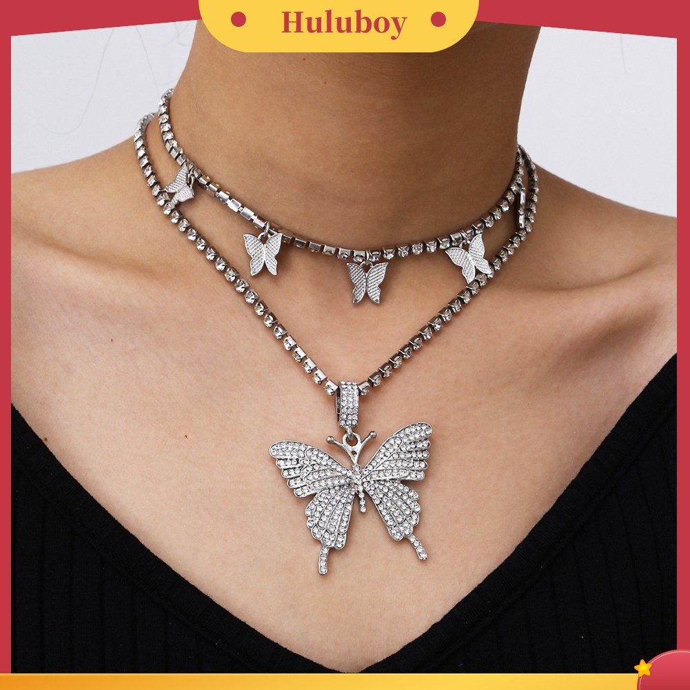 Hu Hu Hu Hu Hu Alat Bantu Pasang Kacamata♡ Kalung Desain Kupu-Kupu Geometris Aksen Berlian Imitasi Untuk Wanita