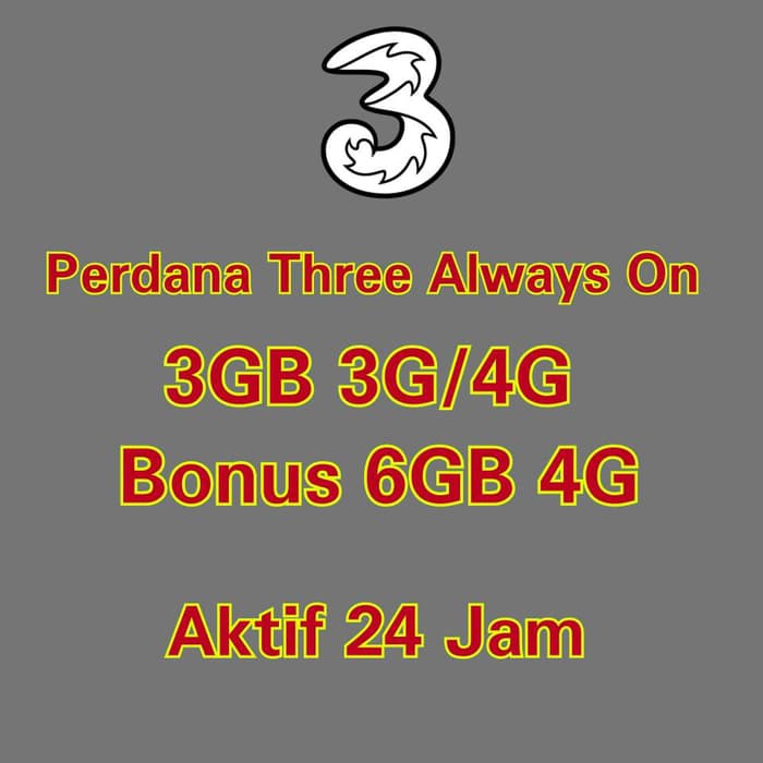 Promo Perdana Internet Three Always On  AON  Kuota 3GB Aktif 1 Tahun Diskon