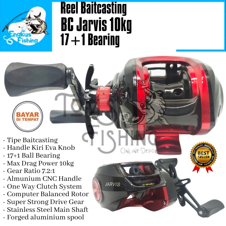 Reel Pancing BC Baitcasting Jarvis 7.2:1 Handle Kiri (17+1 Bearing) 10kg Power Murah - Engkus Fishing