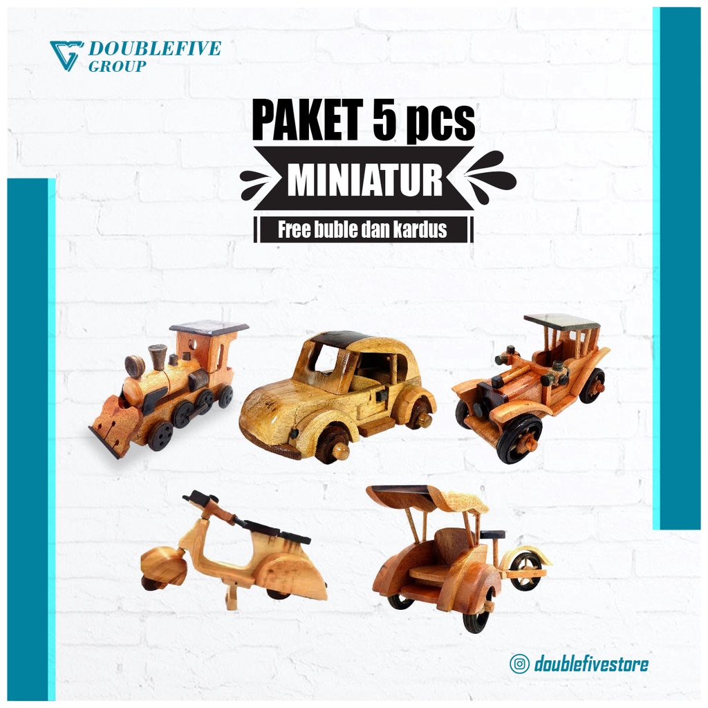 Miniature Paket F isi 5pcs Miniatur dari kayu [Kereta, VW, Otran, Vespa, Becak]