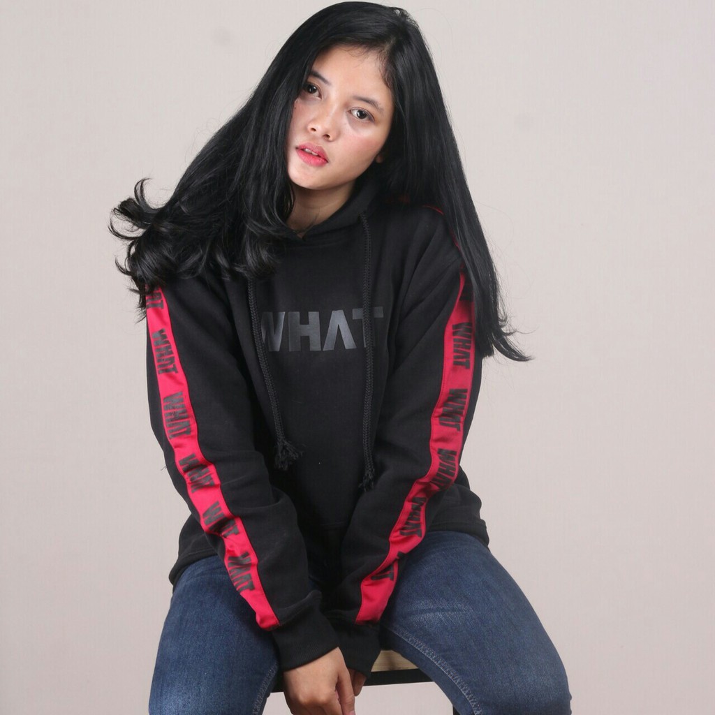 INSTINC JAKET HOODIE WHAT HITAM LIST MERAH