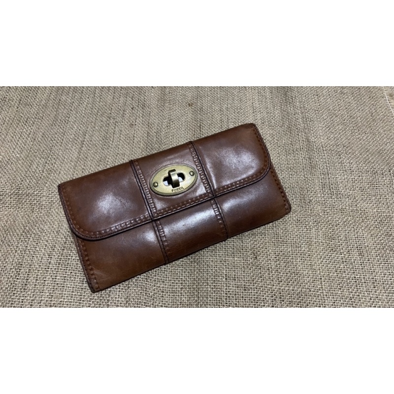 Preloved Dompet Fossil VRI Long Walet Turnlock Brown Vintage Original