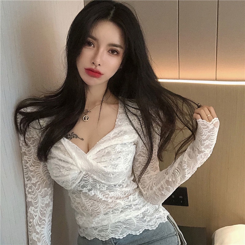 atasan renda import lace bottoming shirt women s western style deep V-neck lengan panjang atasan mes