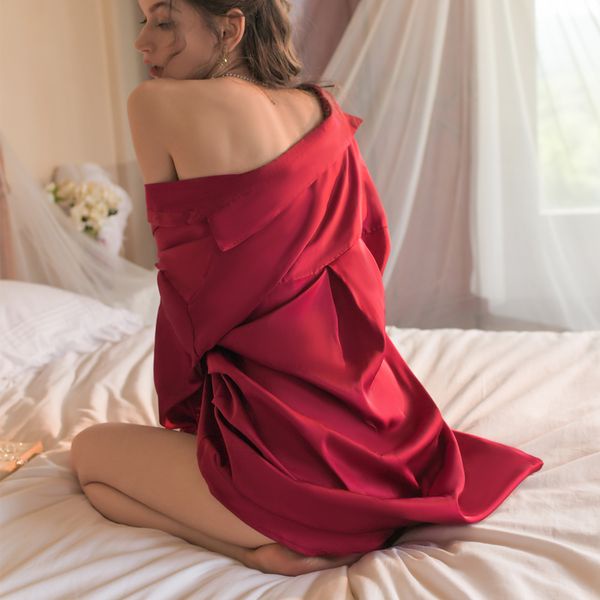 Baju Tidur Wanita Kancing kemeja Lingerie Sexy New Baju Tidur Satin Boyfriend Piyama A555