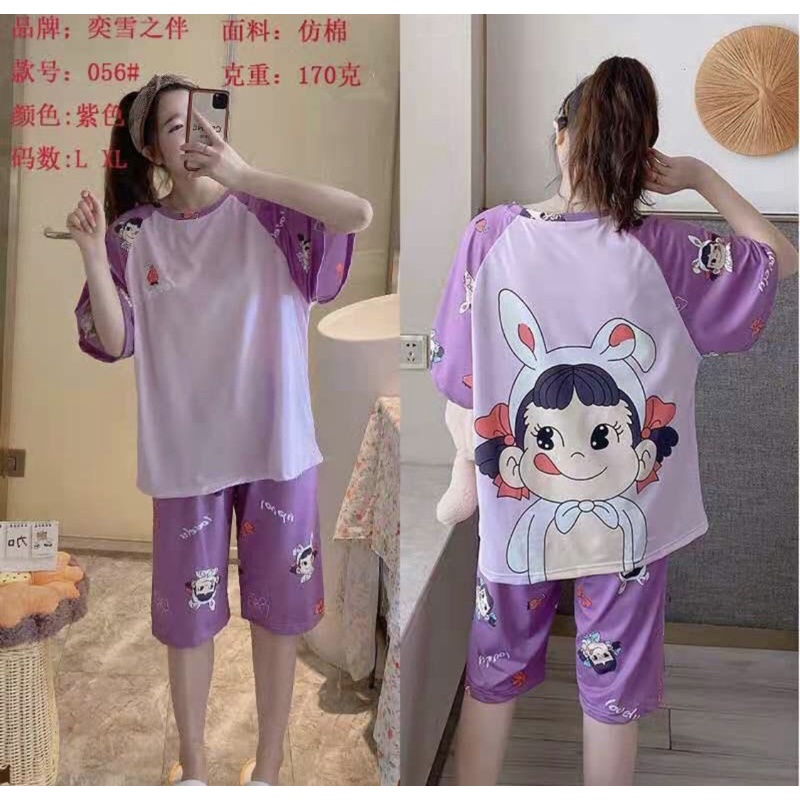 PIYAMA KAOS SPANDEX PREMIUM BAJU TIDUR STRECH OVERSIZE PAJAMAS KAOS SET CELANA 7/8 MOTIF CUTE