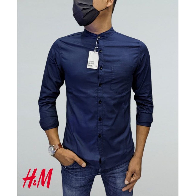 Kemeja Pria Shanghai HM Polos Katun Twill Panjang Navy Blue