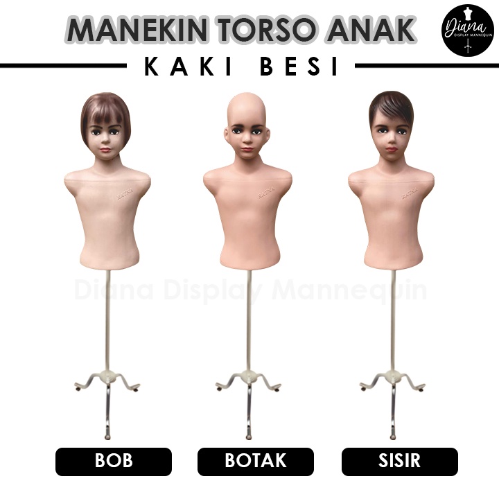 PATUNG MANEKIN BAJU TORSO ANAK SETENGAH BADAN DENGAN KEPALA SET KAKI KAYU KAKI BESI