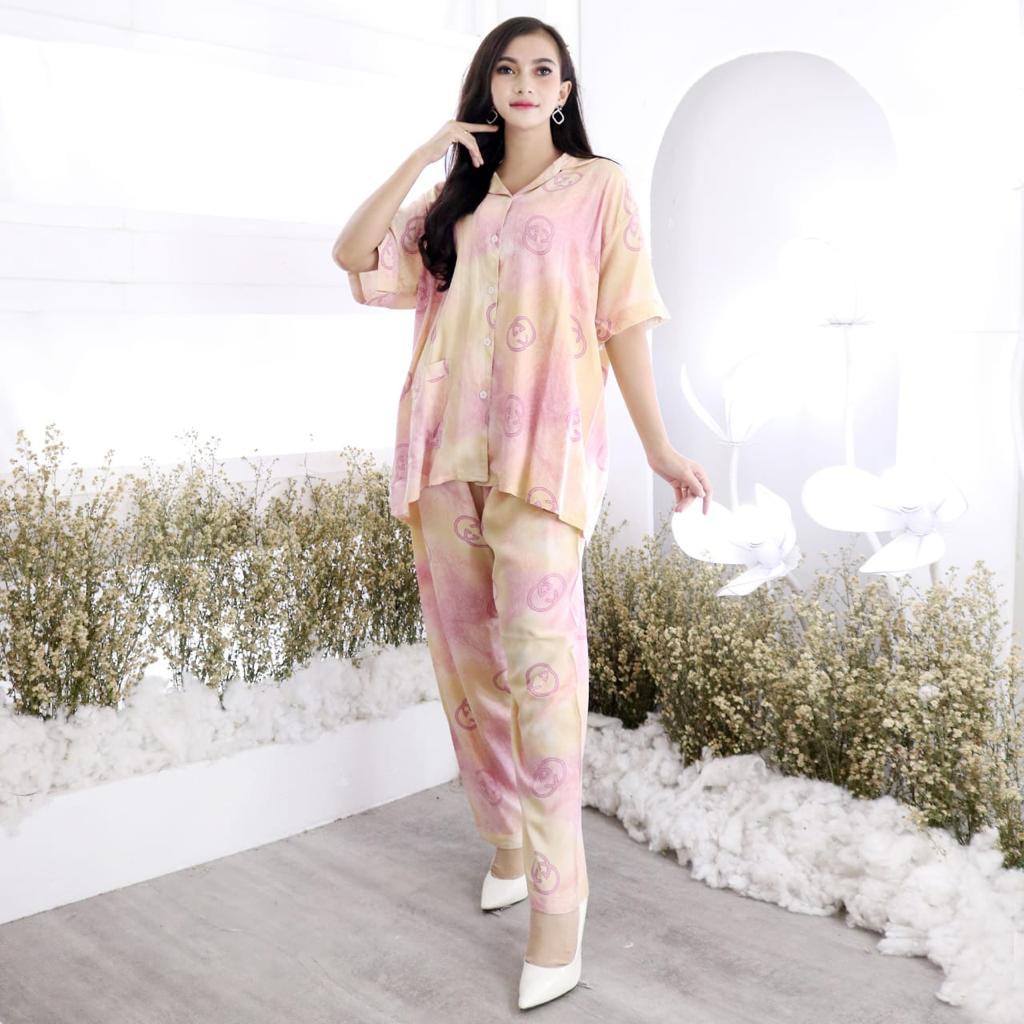 PIYAMA WANITA TIE DIE SATU SET UKURAN BESAR WARNA PINK LENGAN PENDEK CELANA PANJANG RAYON IMPORT