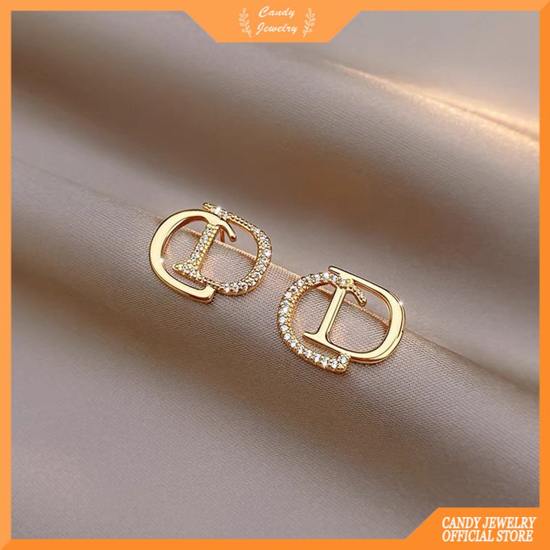 Anting Tusuk Silver Desain Huruf CD Hias Berlian Gaya Korea Untuk Wanita