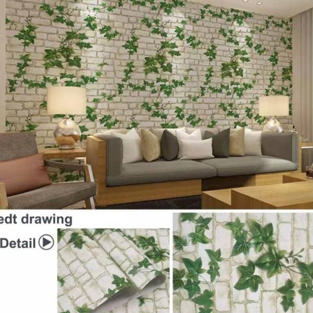♘ Wallpaper Sticker Dinding 3D Batu Bata Putih Daun | Walpaper Stiker ✴