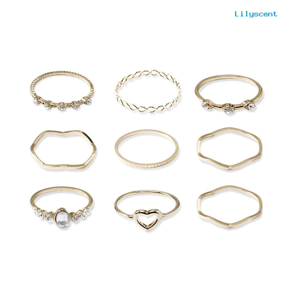 9 Pcs / Set Cincin Jari Bentuk Hati Gelombang Aksen Mutiara Tiruan Untuk Wanita