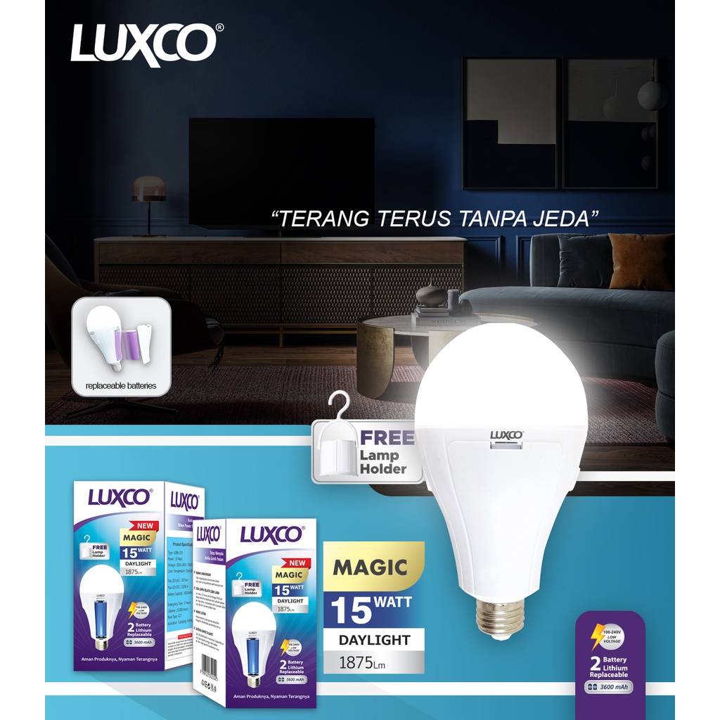 [COD] PROMO BOHLAM LAMPU LED EMERGENCY MURAH MAGIC AC / DC MERK LUXCO 15 WATT ORIGINAL IMPORT BER SNI RESMI ! , BONUS FITTING GANTUNG ON - OFF DAN BISA DI GANTI BATERAINY FREE ONGKIR