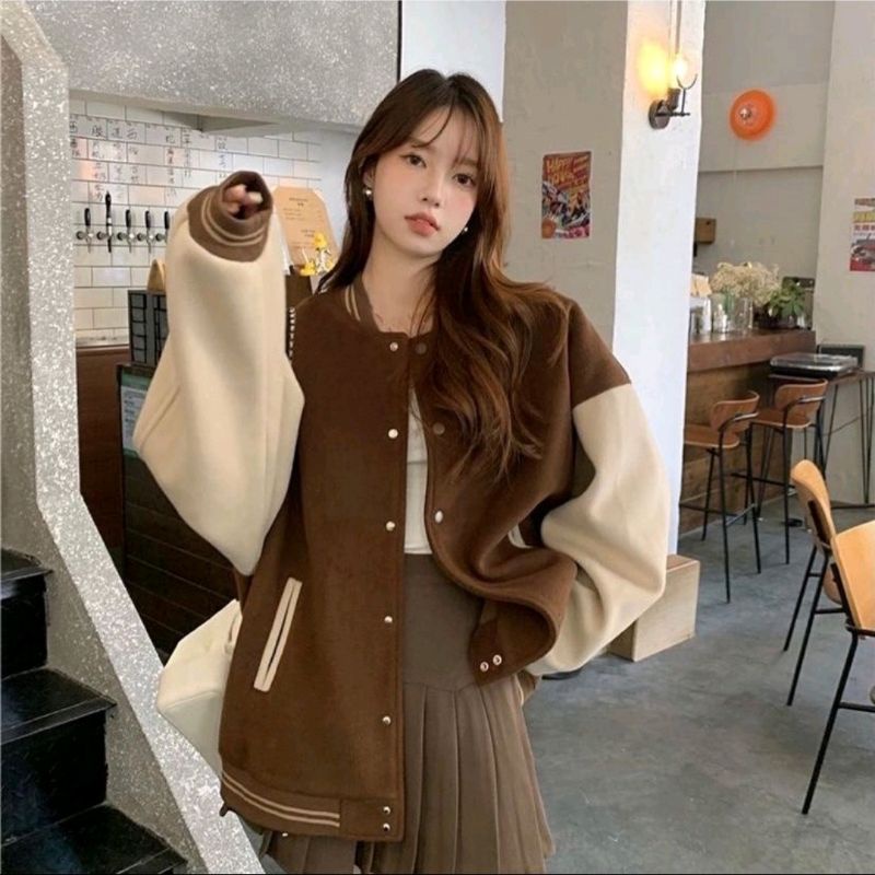 JAKET BASEBALL OVERSIZE LD 116CM FLEECE UNISEX COWO CEWE WANITA | VARSITY JACKET BROWN COKLAT TWO TO