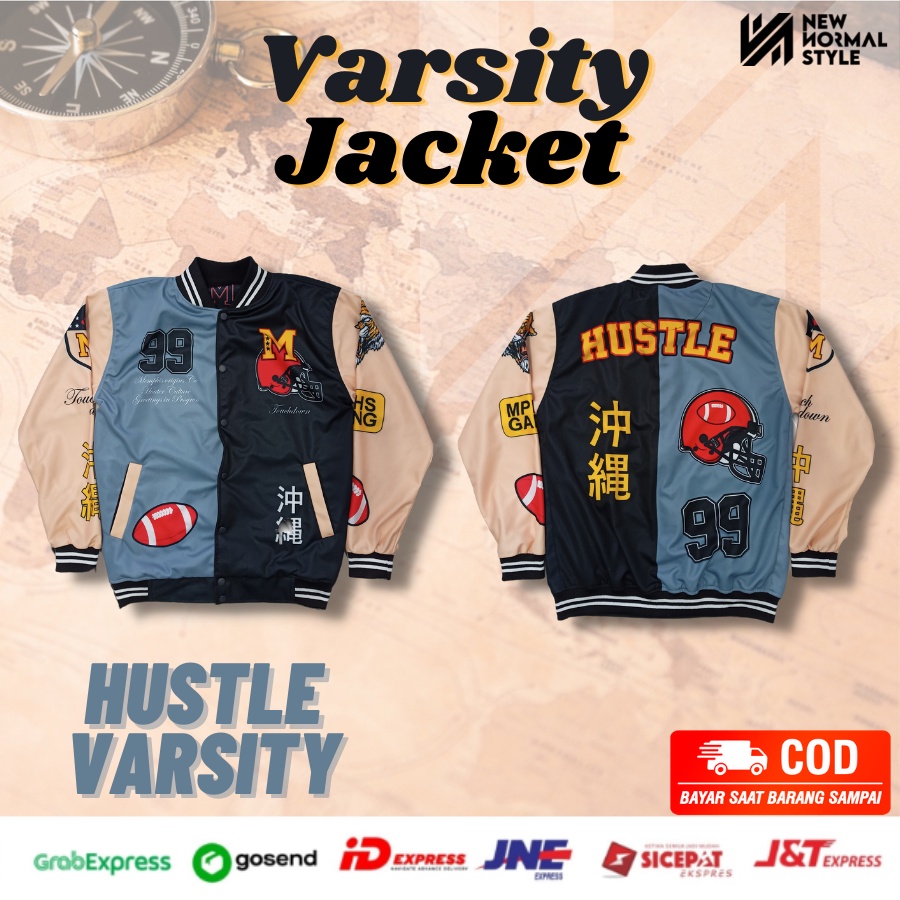 HUSTLE Jaket Baseball Varsity Bomber Vintage Jacket Casual Pria Wanita Cowok Laki Distro Keren Dewasa Terbaru Original