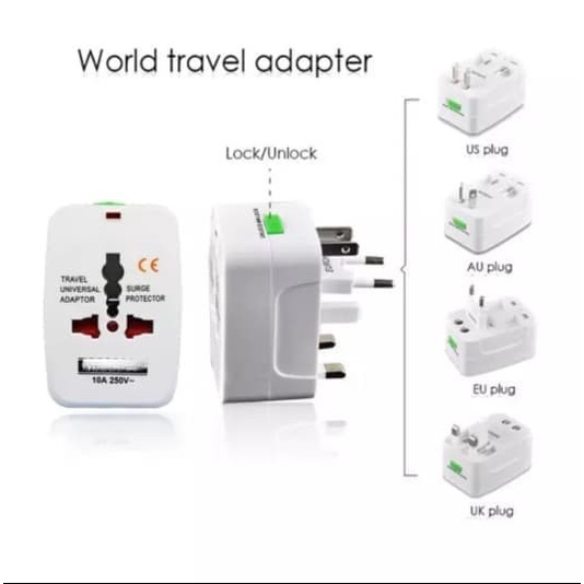 Universal Travel Adaptor putih sambungan colokan listrik rumah hotel adapter charger universal luar negeri Amerika, Inggris, Eropa, Asia, Australia , China , Arab , Jepang