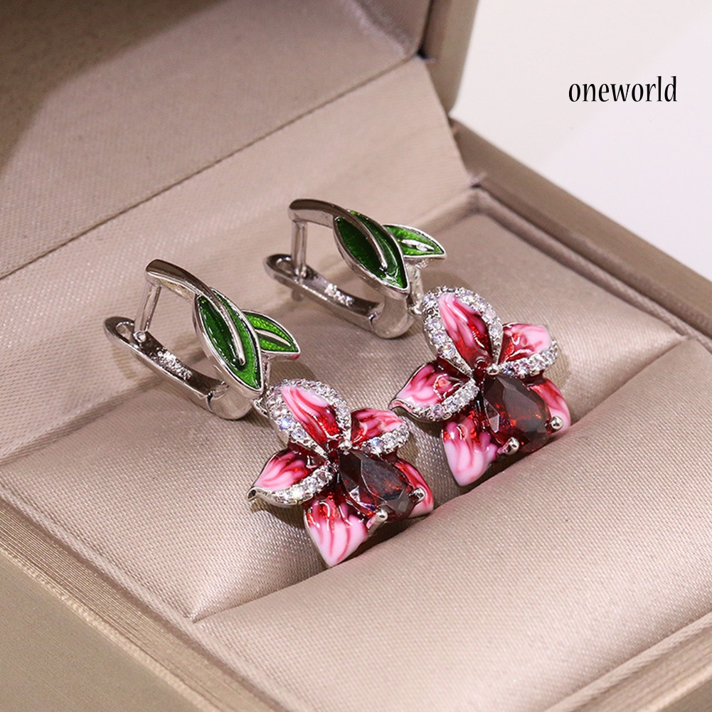 OW@ Fashion Women Enamel Leaf Flower Pendant Rhinestone Inlaid Leverback Earrings