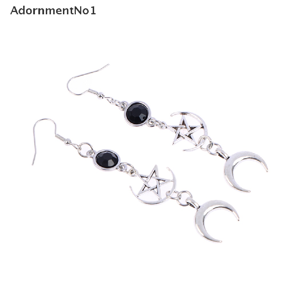 (AdornmentNo1) Anting Tusuk Gantung Desain Bulan Sabit + Bintang + Batu Kelahiran Hitam Gaya Gothic Untuk Wanita