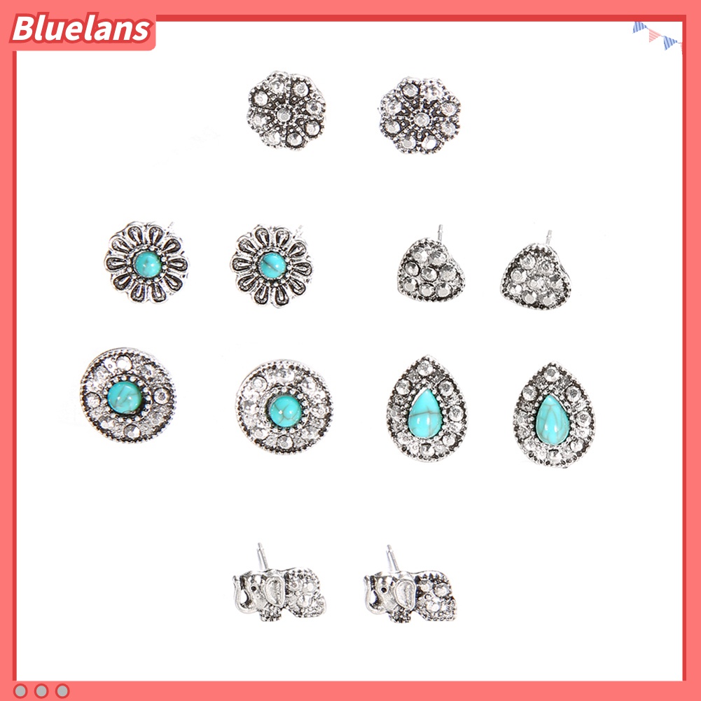 6 Pasang / Set Anting Stud Desain Gajah Hati Turquoise Gaya Boho Untuk Wanita