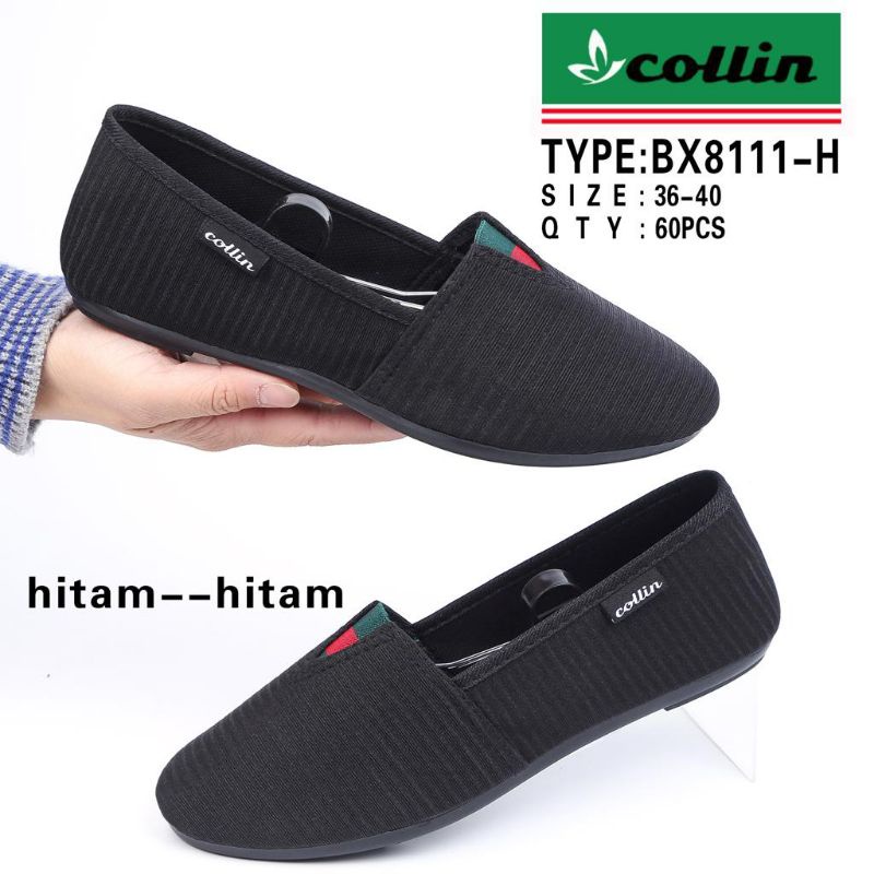 Sepatu wanita colin balet flat shoes kain perempuan hitam kekinian 2022-Hitam garis (8111)