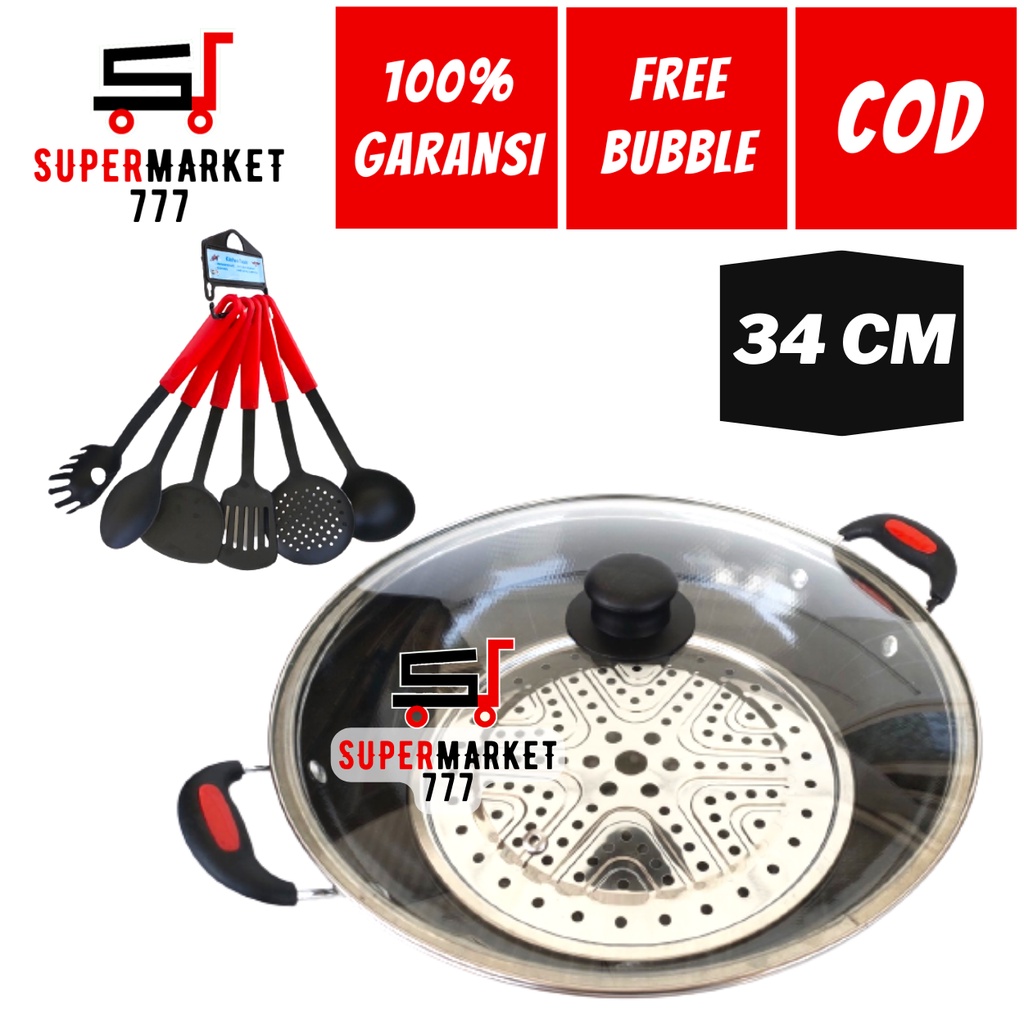 WAJAN PENGGORENGAN SET ENAMEL 34 CM GSF 3410 WOK WAJAN PANCI KUKUS KUALI PENGGORENGAN SET TUTUP KACA