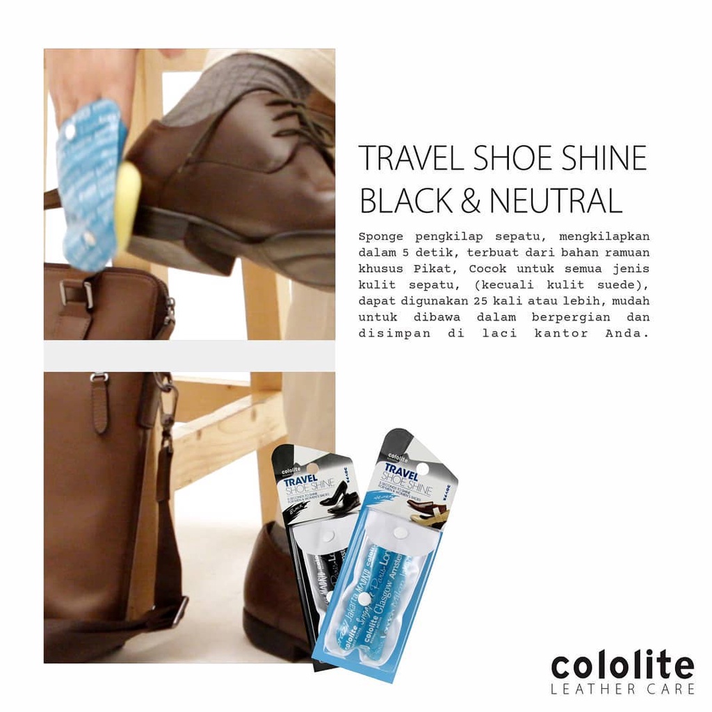 COLOLITE TRAVEL SHOE SHINE Semir Sepatu Kulit Pria Wanita Kilap Kinclong Hitam Netral Instant Travelling Shoe Polish