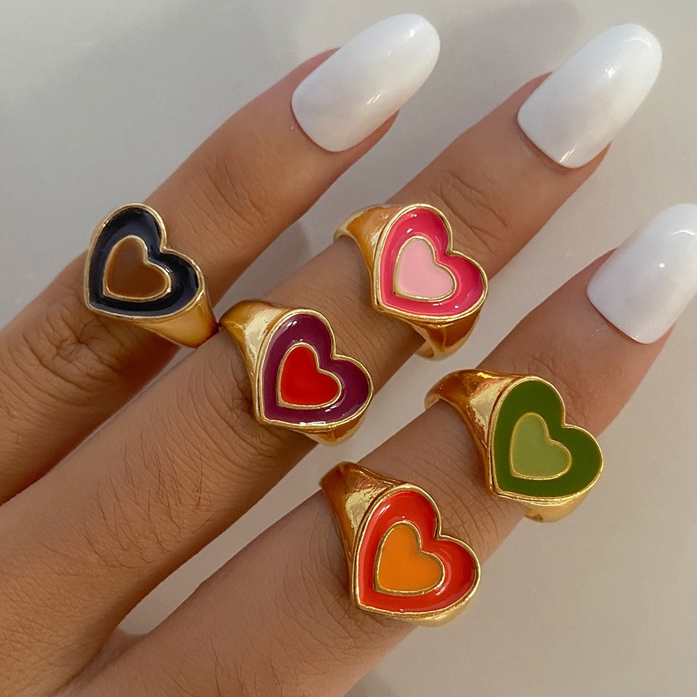 Vintage Y2K Double Heart Opening Enamel Ring For Women Fashion Korean Diyou Metal Heart Joint Ring Jewelry Wholesale