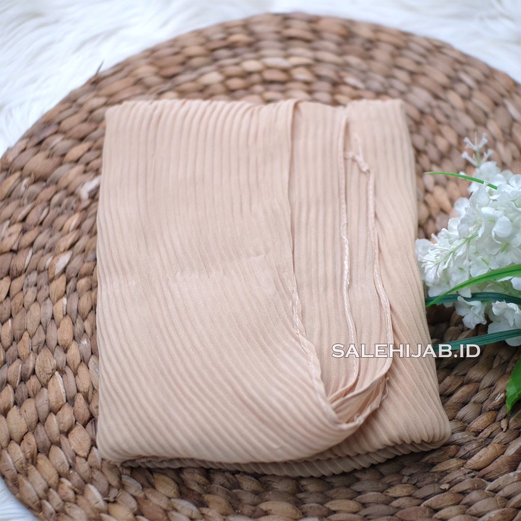 PASHMINA FULL  PLISKET LIDI CERUTY PLEATED || HIJAB PASHMINA CERUTI FULL PLISKET TANPA GARIS TENGAH-CREAM