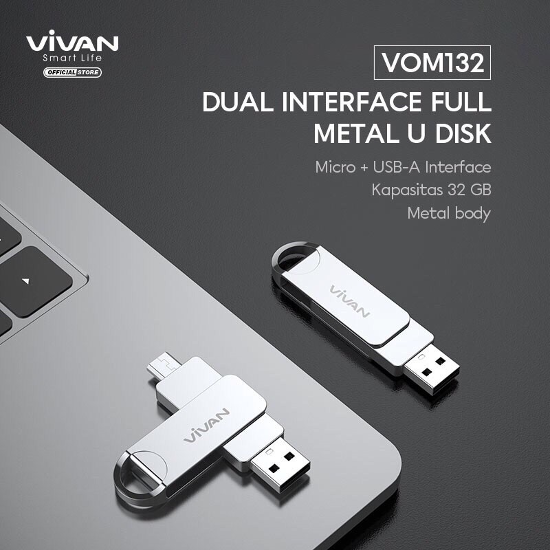 VIVAN Flashdisk OTG VOM 132 VOC 132 VOC132 32GB / VOC 164 VOC164 64GB  Dual Interface TIPE C &amp; USB-A Metal Body Silver Garansi Resmi 1 Tahun